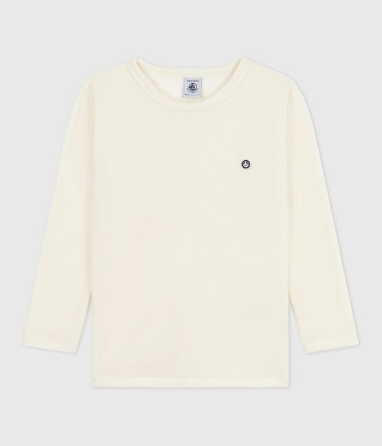 Children's long-sleeved plain wool and cotton t-shirt ECRU grey