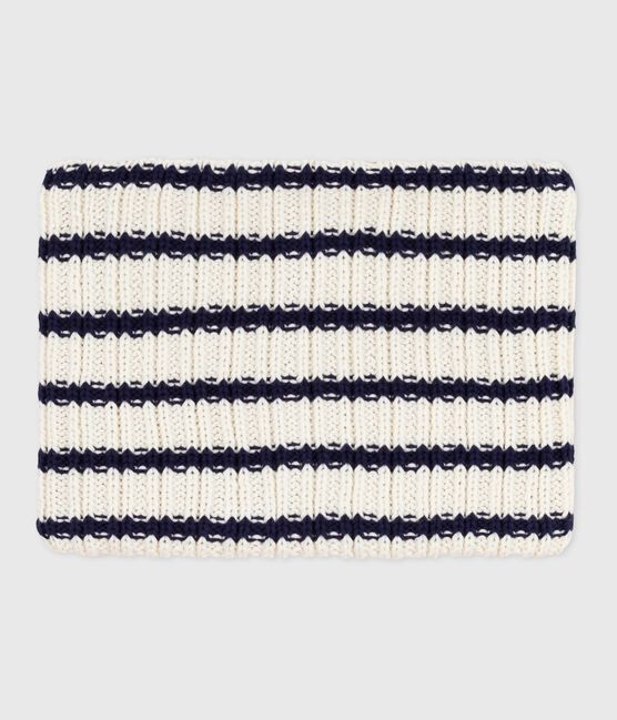Children's stripy fleece-lined knitted snood MARSHMALLOW blue/SOIR