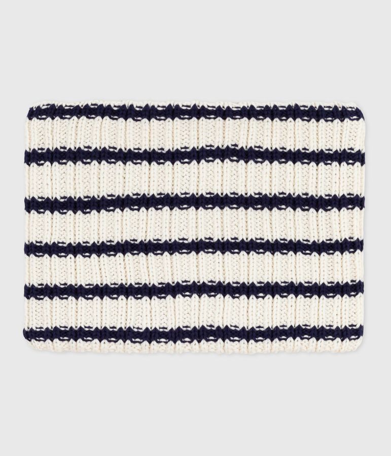Children's stripy fleece-lined knitted snood white/blue