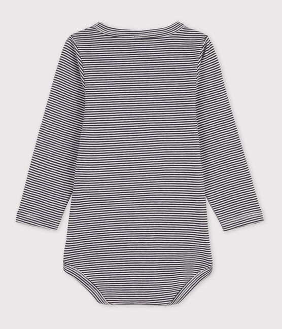 Babies' Stripy Long-Sleeved Cotton Henley Bodysuit SMOKING blue/MARSHMALLOW white