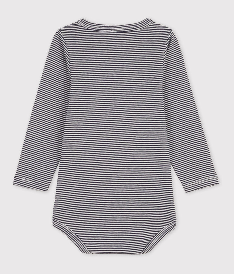 Babies' Stripy Long-Sleeved Cotton Henley Bodysuit blue/white