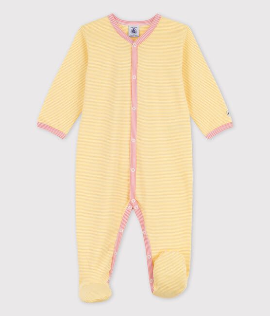 Babies' Stripy Organic Cotton Sleepsuit ORGE yellow/MARSHMALLOW white