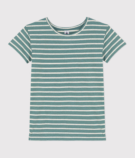 Women's COTTON/LINEN BLEND STRAIGHT FIT T-SHIRT BRUT green/AVALANCHE white