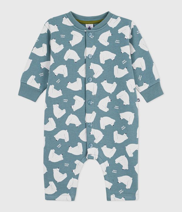Babies' white bear-print cotton long jumpsuit grey/multicolor