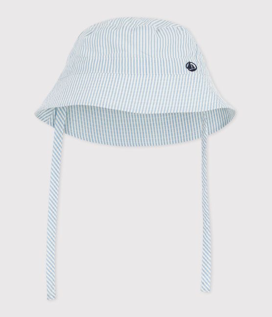 Babies' seersucker sun hat with ties FLO blue/MARSHMALLOW