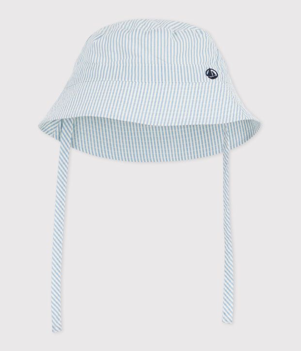 Babies' seersucker sun hat with ties blue/white