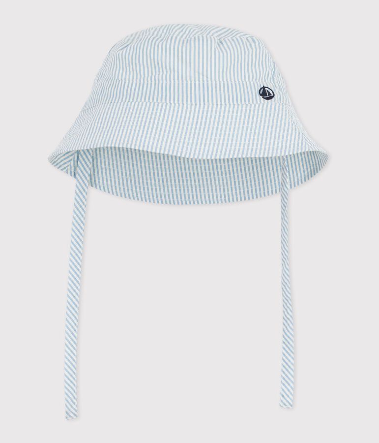 Babies' seersucker sun hat with ties blue/white