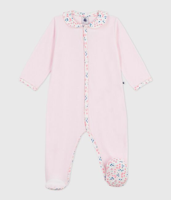 Babies' plain velour pyjama suit with a collar BARELY pink