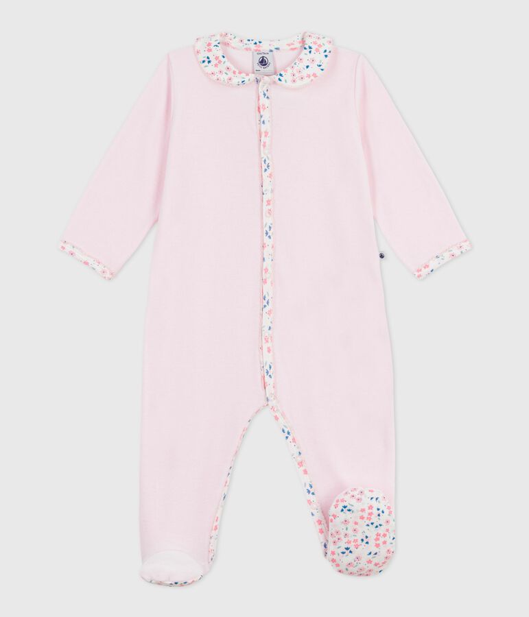 Babies' plain velour pyjama suit with a collar pink
