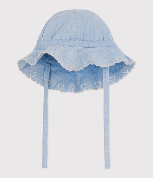 Baby girl's chambray wide brimmed floppy sun hat blue