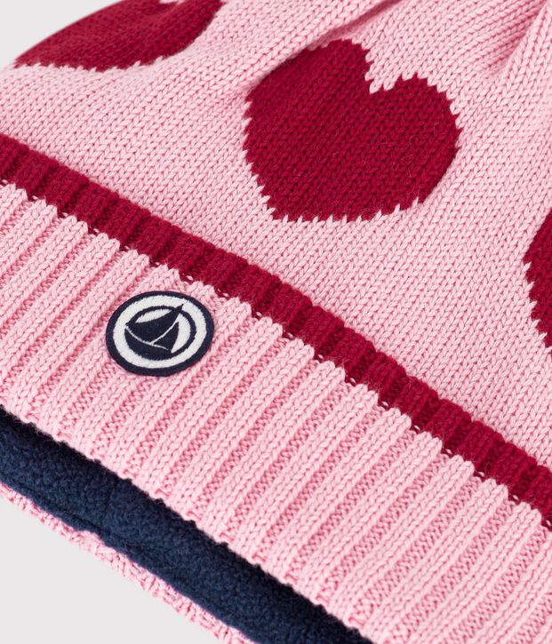 Children's jacquard knitted beanie hat lined in polar fleece pink/red