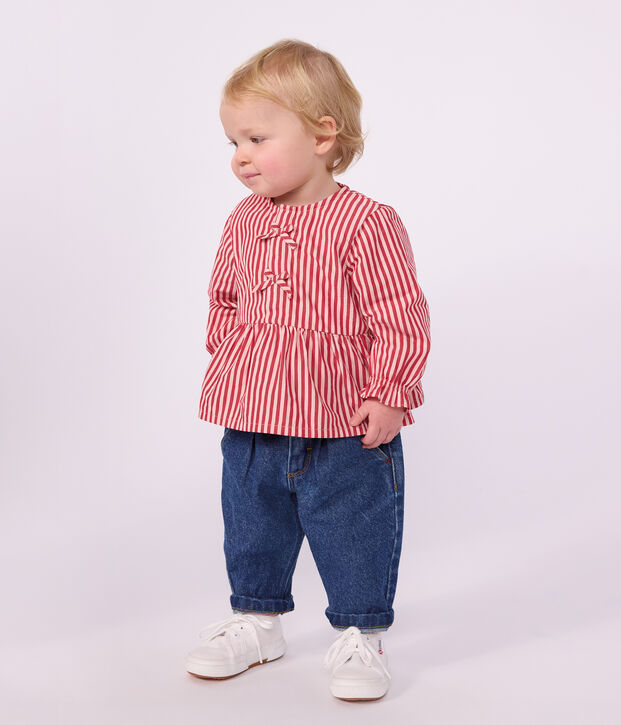 Babies' long-sleeved stripy cotton blouse pink/pink