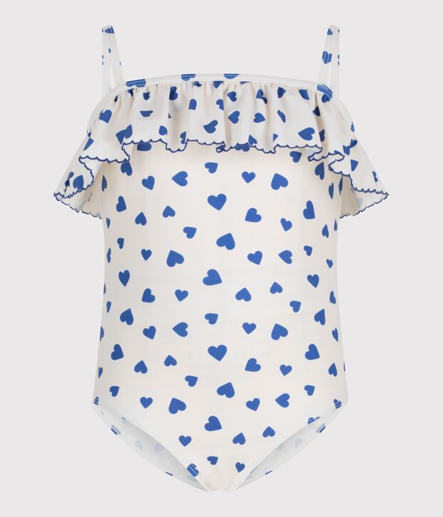 Children's one-piece heart print ruffled swimsuit. white/blue