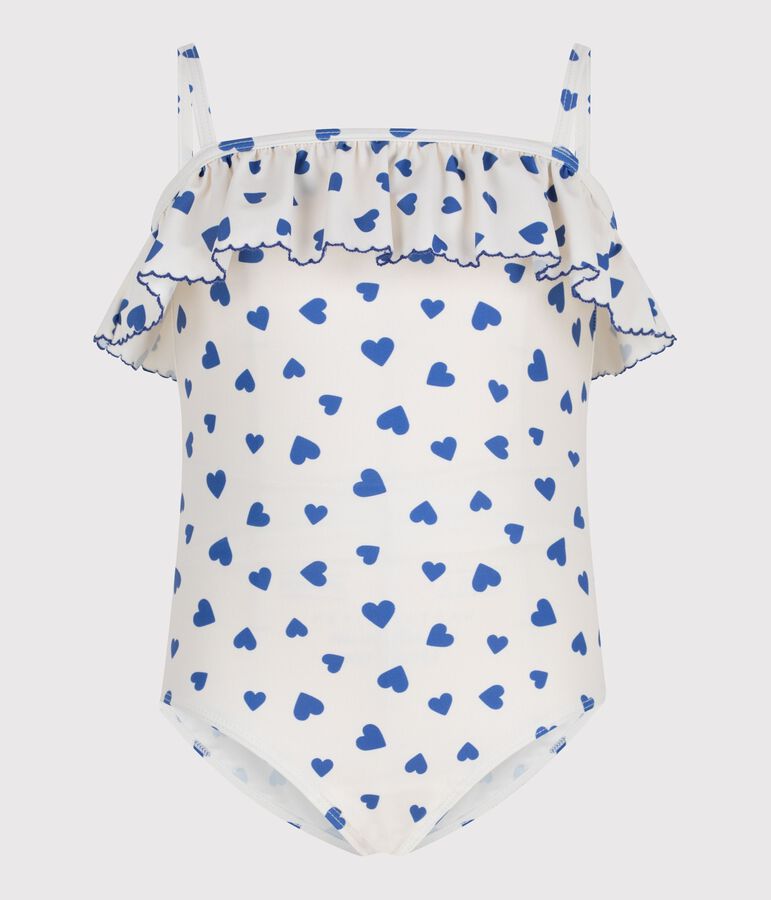 Children's one-piece heart print ruffled swimsuit. white/blue