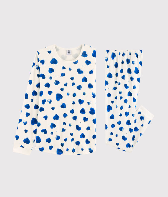 Girls' or Women's Heart Print Ribbed Pyjamas MARSHMALLOW white/BLEU blue