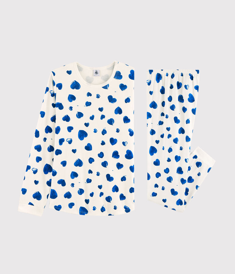 Girls' or Women's Heart Print Ribbed Pyjamas white/blue