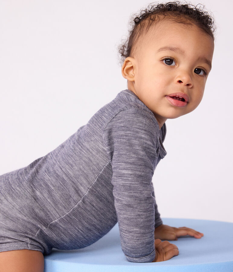Babies' long-sleeved body in wool and cotton blue/white
