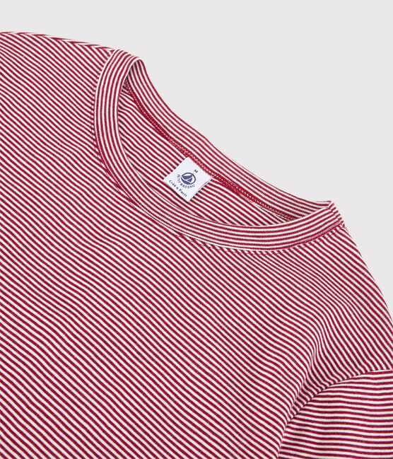 Women's Iconic Round-Neck Striped Cotton T-Shirt SANGRIA red/MARSHMALLOW