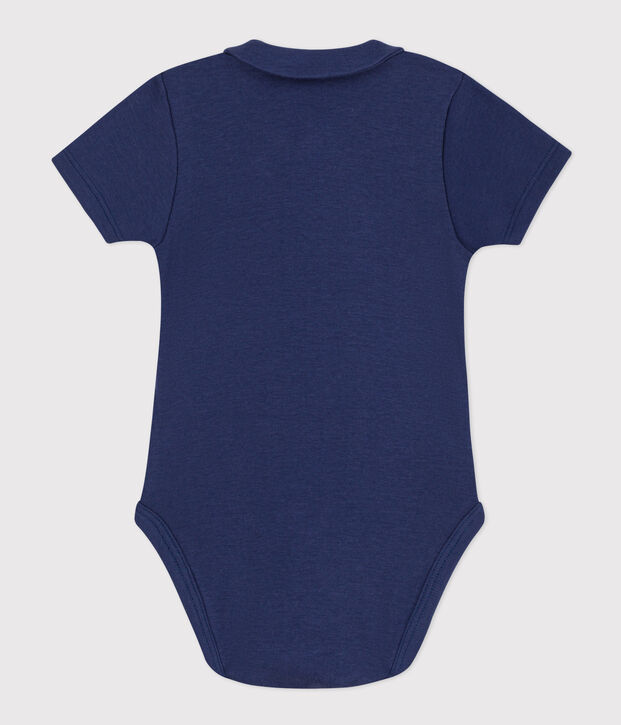 Babies' Short-Sleeved Cotton Bodysuit with Collar blue