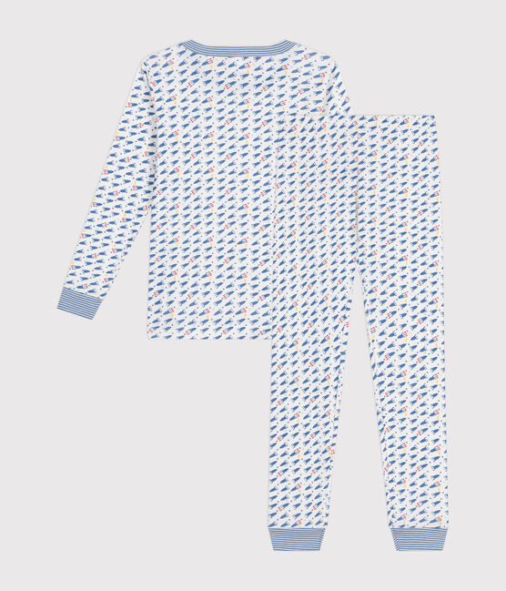 Children's fitted rocket-pattern printed cotton pyjamas MARSHMALLOW white/MULTICO white