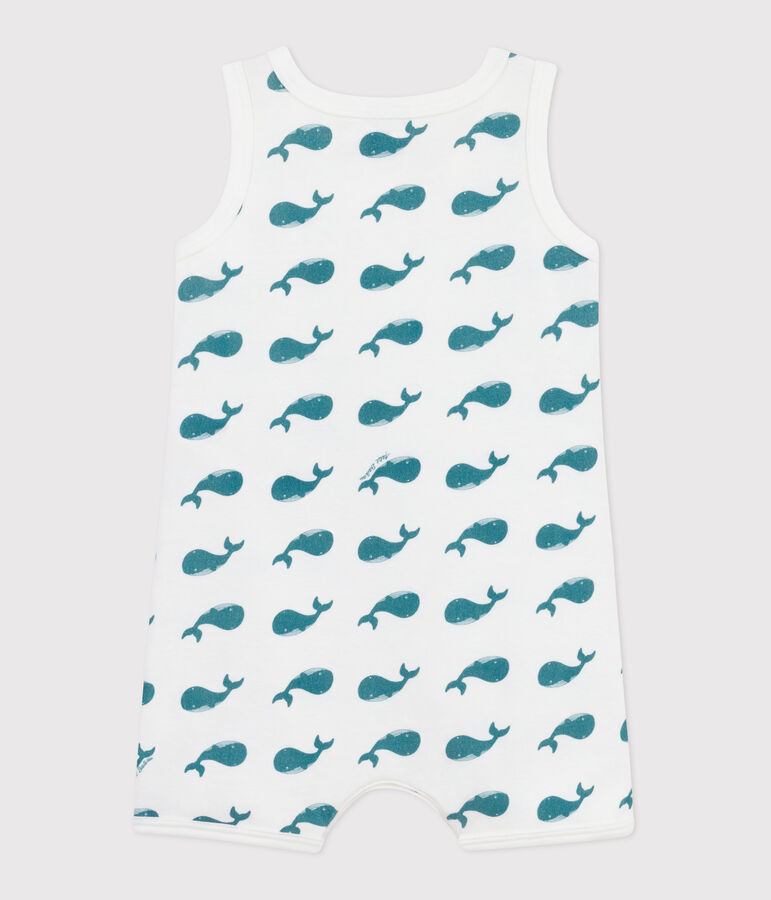 Babies' short whale print cotton jumpsuit white/green