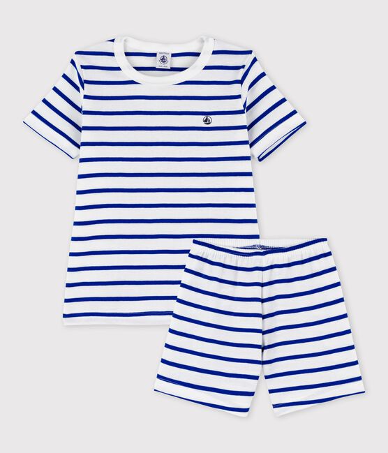 Boys' Stripy Cotton Short Pyjamas MARSHMALLOW white/SURF blue