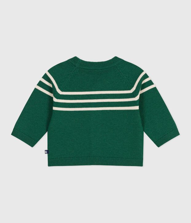 Babies' stripy wool and cotton knit cardigan green/ecru