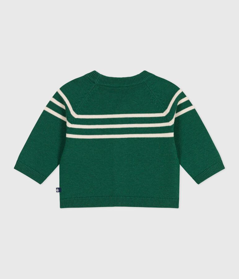 Babies' stripy wool and cotton knit cardigan green/ecru