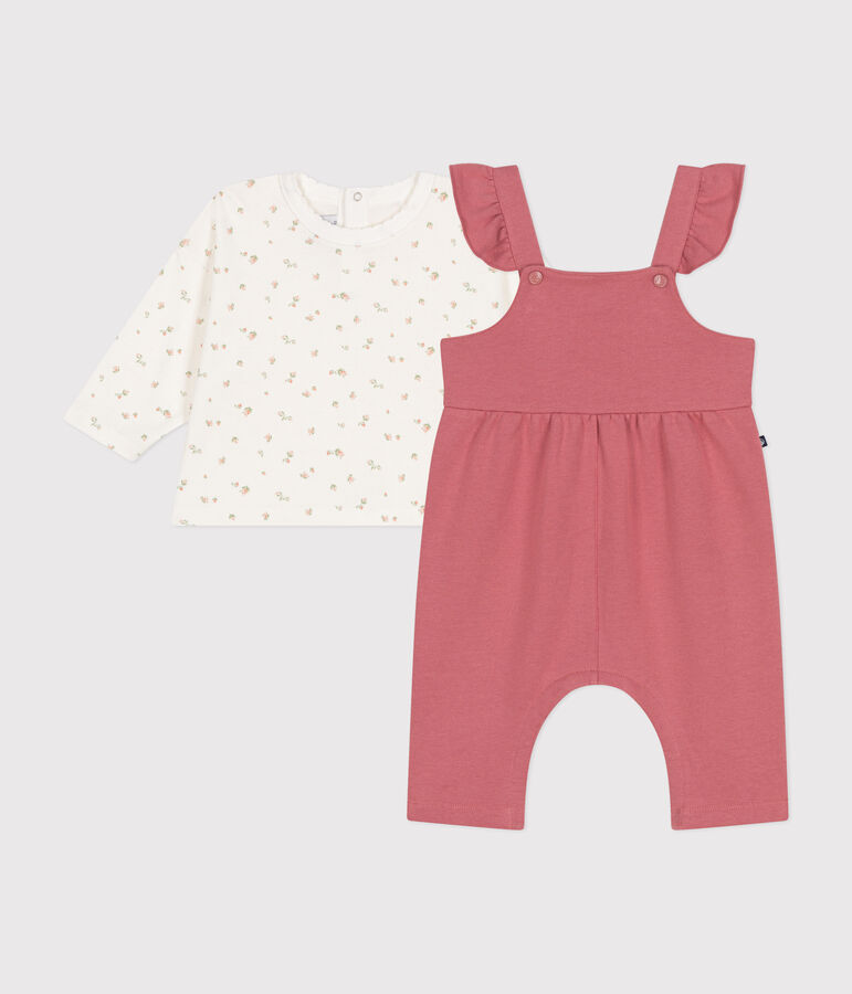 Babies' cotton T-shirt and fleece dungaree outfit pink/multicolor