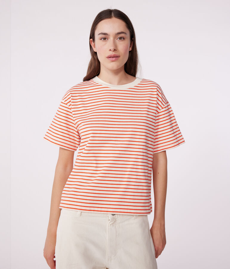 The Boxy stripy cotton T-Shirt for women Ecru/red