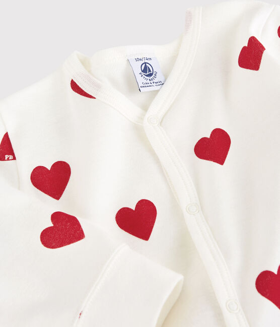 Babies' heart patterned footless cotton sleepsuit MARSHMALLOW white/TERKUIT red