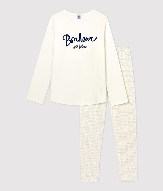 Girls' Spotted Organic Cotton Pyjamas MARSHMALLOW white/MEDIEVAL blue