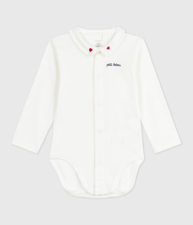 Solid cotton baby bodysuit with embroidered collar