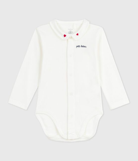 Babies' body with an embroidered collar and a message on the chest MARSHMALLOW red/CORRIDA white