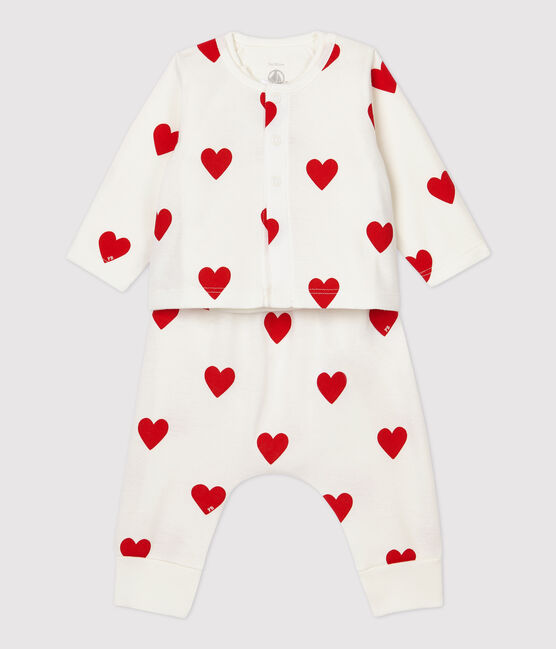 Babies' Red Heart Patterned Organic Cotton Clothing - 3-Pack MARSHMALLOW white/TERKUIT red