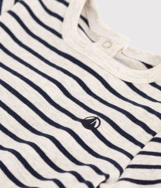 Babies' Stripy Cotton Short-Sleeved T-Shirt MONTELIMAR beige/SMOKING blue