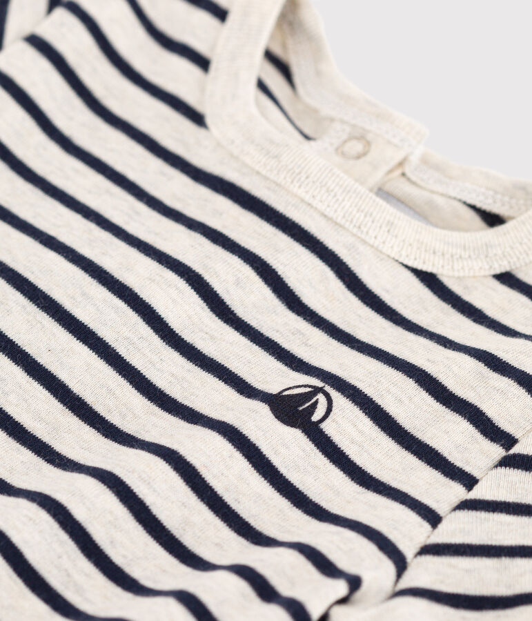 Babies' Stripy Cotton Short-Sleeved T-Shirt beige/blue
