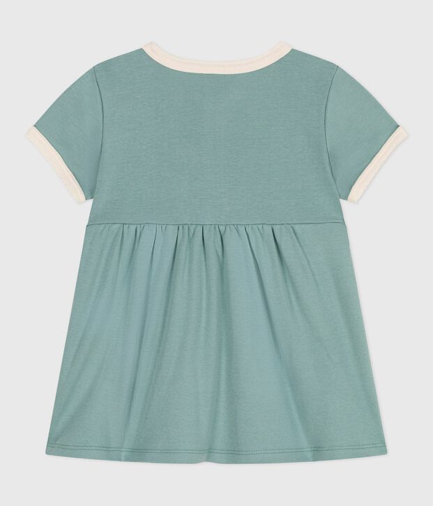 Babies' short-sleeved plain cotton dress with contrasting details green
