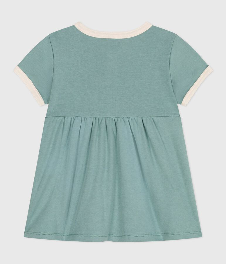 Babies' short-sleeved plain cotton dress with contrasting details green