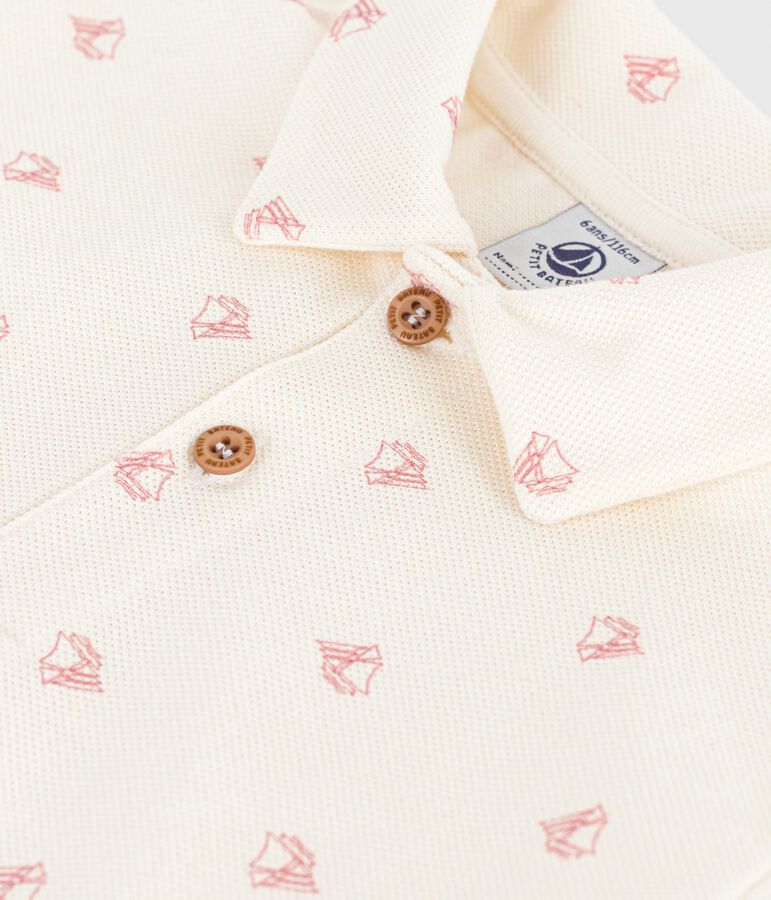 Children's short-sleeved printed cotton polo shirt Ecru/red