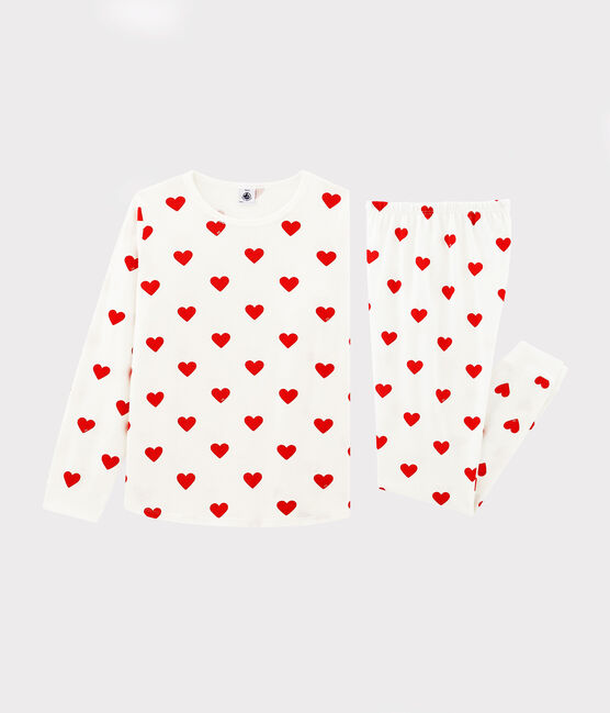 Children's hearts print ribbed pyjamas MARSHMALLOW white/TERKUIT red