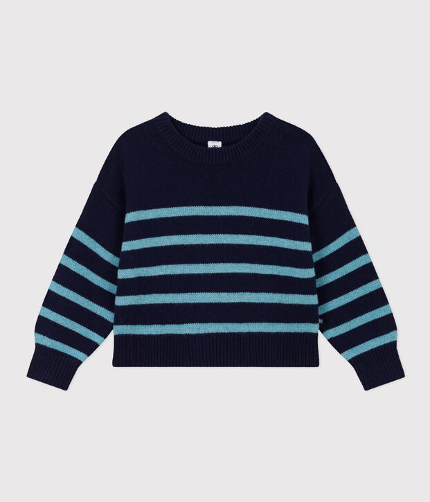 Children's unisex stripy wool and cotton pullover blue/blue