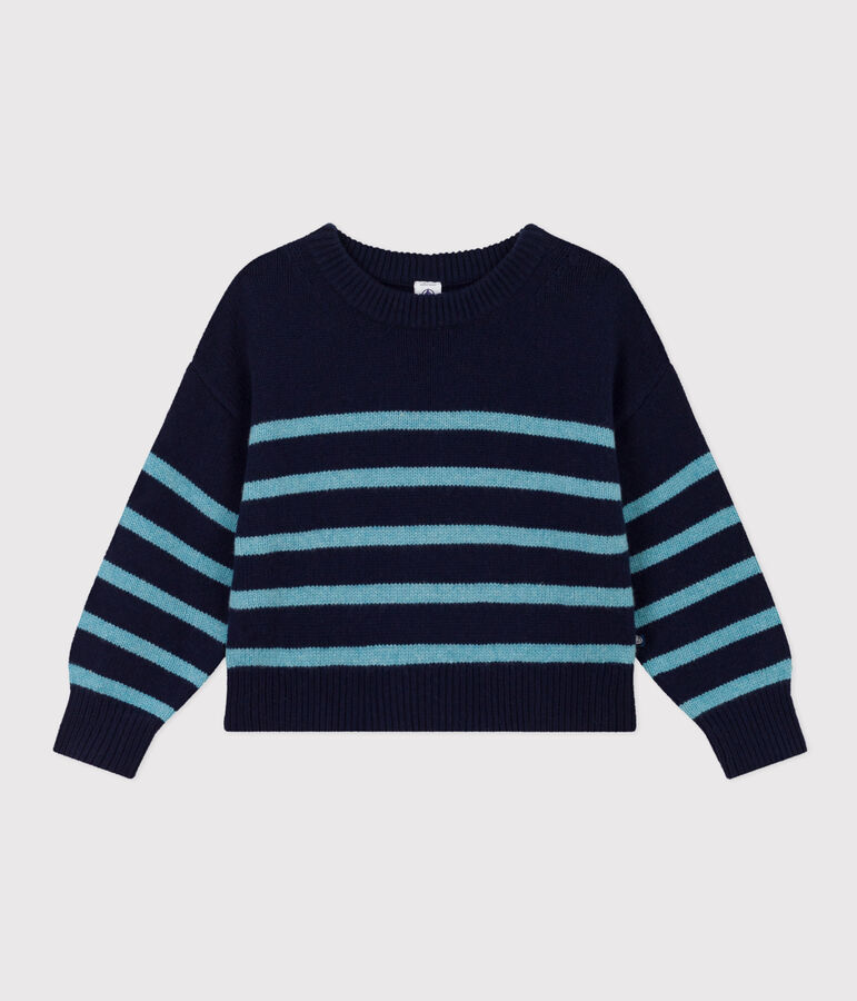 Children's unisex stripy wool and cotton pullover blue/blue