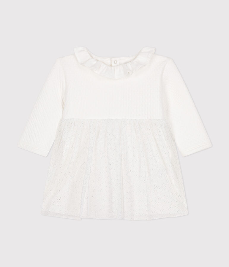 Babies' dress in tube knit and tulle white/grey