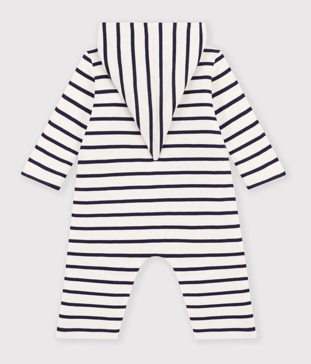 Baby's striped hooded all-in-one white/blue