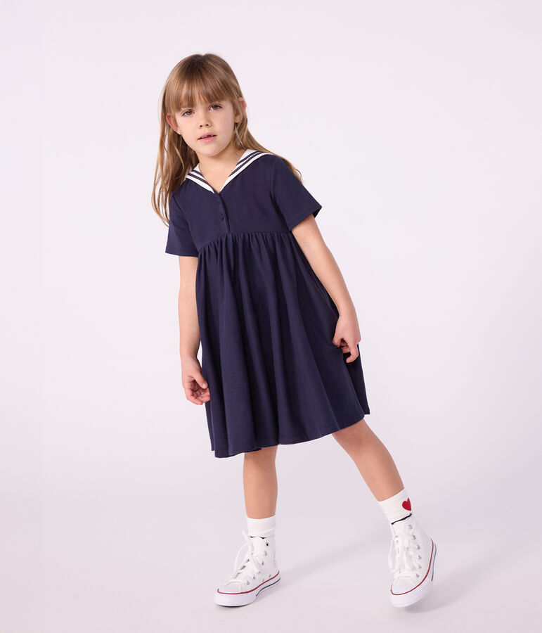 Children's short-sleeved plain cotton dress blue