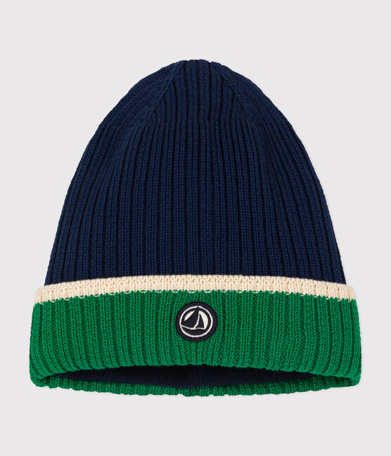 Children's knitted beanie hat lined in polar fleece MEDIEVAL blue/MULTICO white