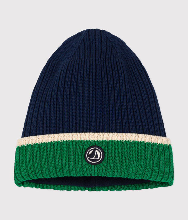 Children's knitted beanie hat lined in polar fleece blue/multicolor
