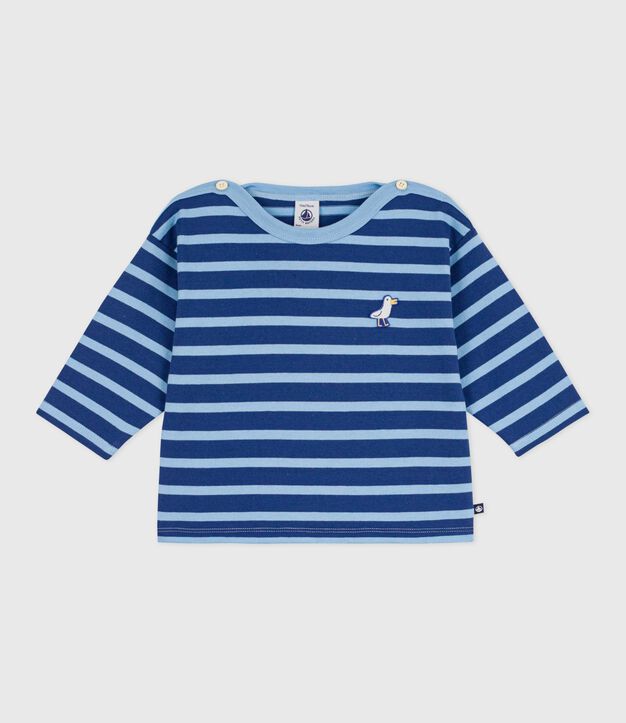 Babies' cotton Breton top with a seagull badge blue/blue