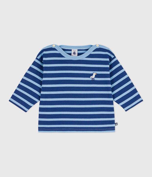 Babies' cotton Breton top with a seagull badge blue/blue